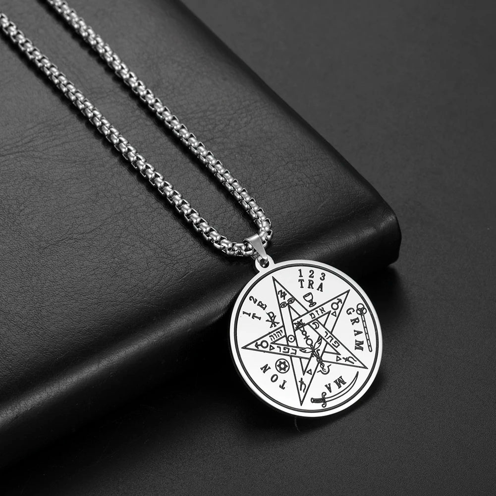 Dawapara Tetragrammaton Pentacle Necklace Magical Pentagram Protection Amulet Ancient Power Name of God Stainless Steel Jewelry