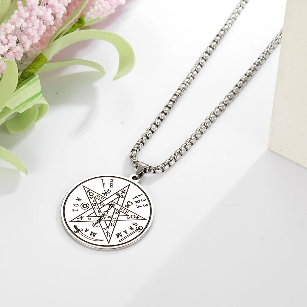 Dawapara Tetragrammaton Pentacle Necklace Magical Pentagram Protection Amulet Ancient Power Name of God Stainless Steel Jewelry