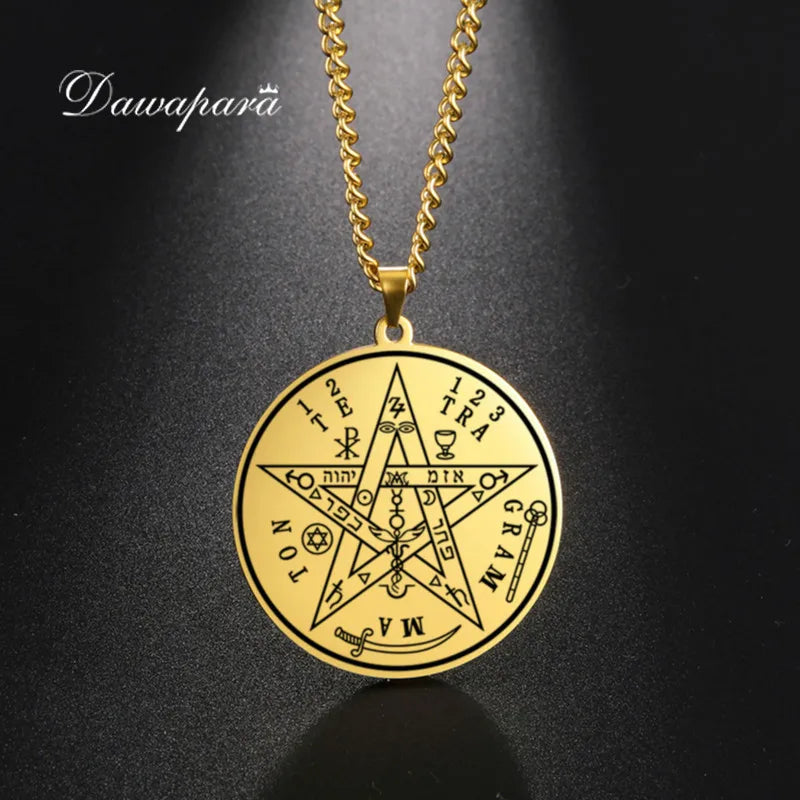 Dawapara Tetragrammaton Pentacle Necklace Magical Pentagram Protection Amulet Ancient Power Name of God Stainless Steel Jewelry