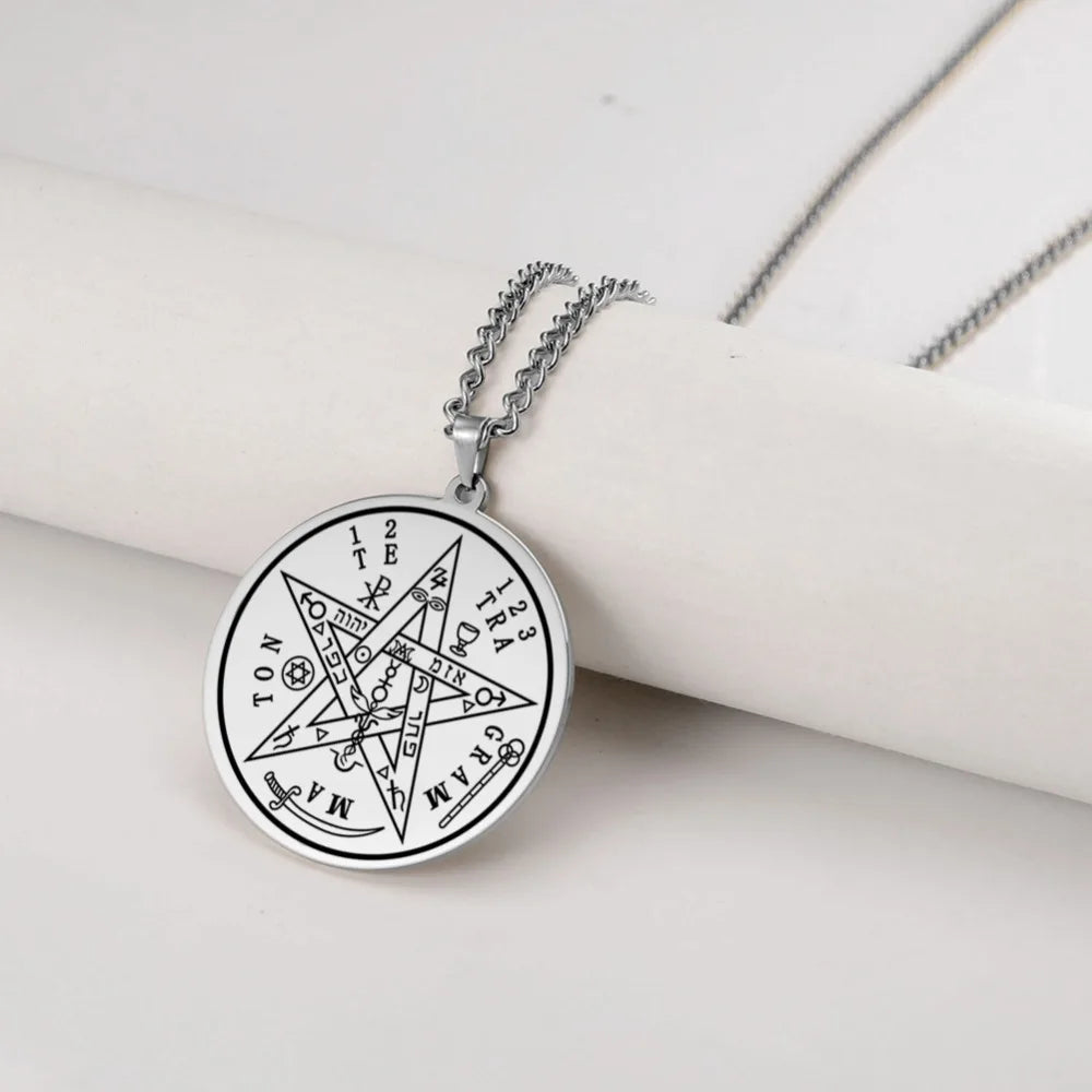 Dawapara Tetragrammaton Pentacle Necklace Magical Pentagram Protection Amulet Ancient Power Name of God Stainless Steel Jewelry