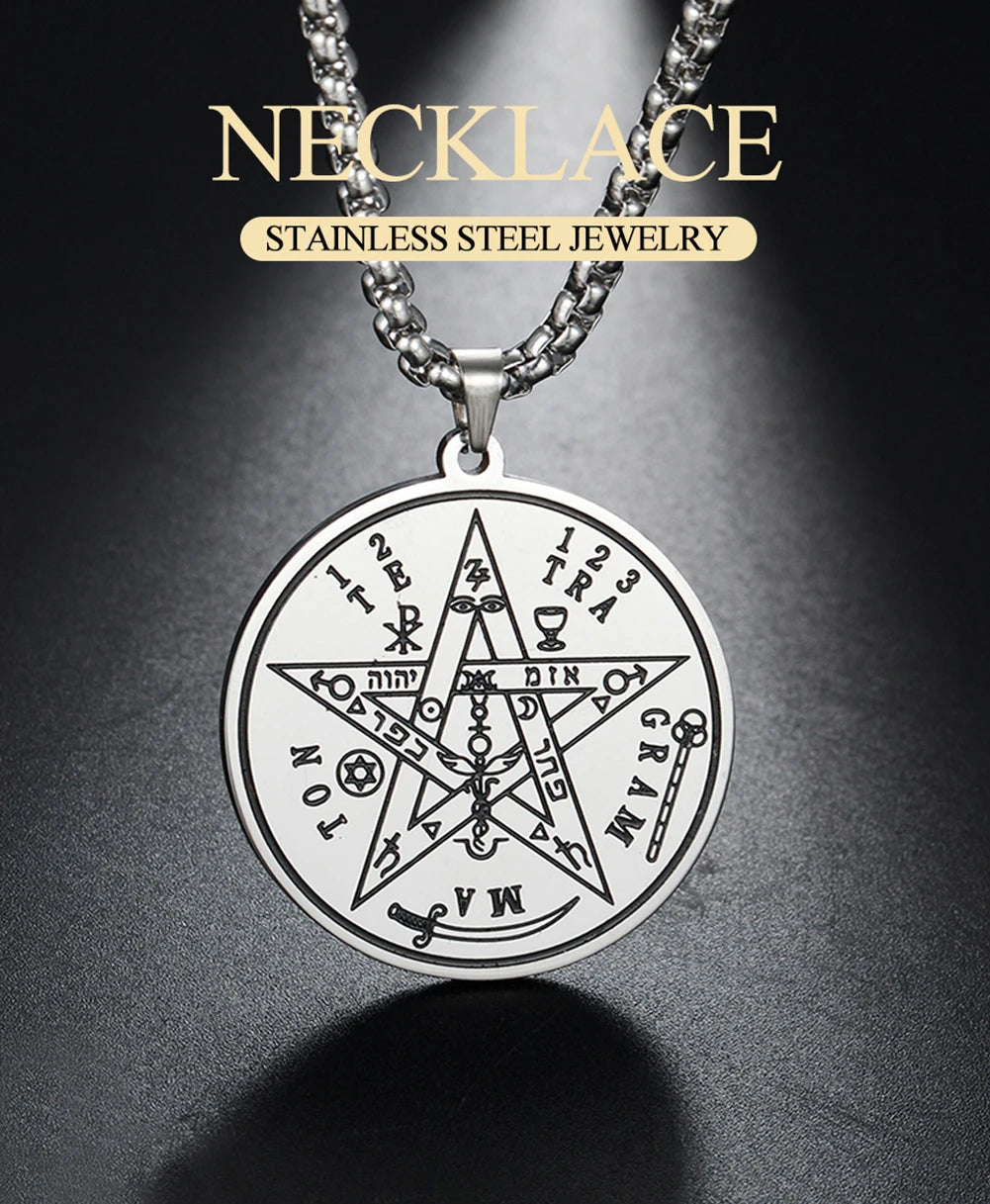 Dawapara Tetragrammaton Pentacle Necklace Magical Pentagram Protection Amulet Ancient Power Name of God Stainless Steel Jewelry