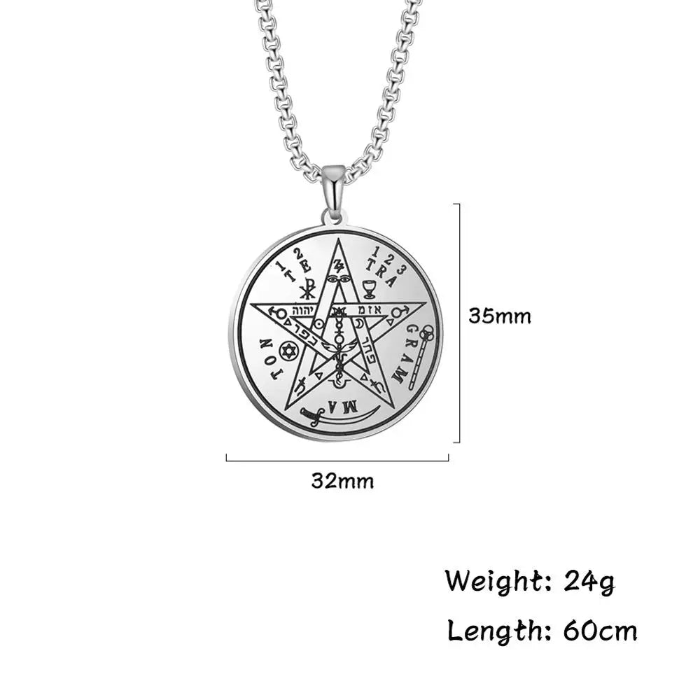 Dawapara Tetragrammaton Pentacle Necklace Magical Pentagram Protection Amulet Ancient Power Name of God Stainless Steel Jewelry