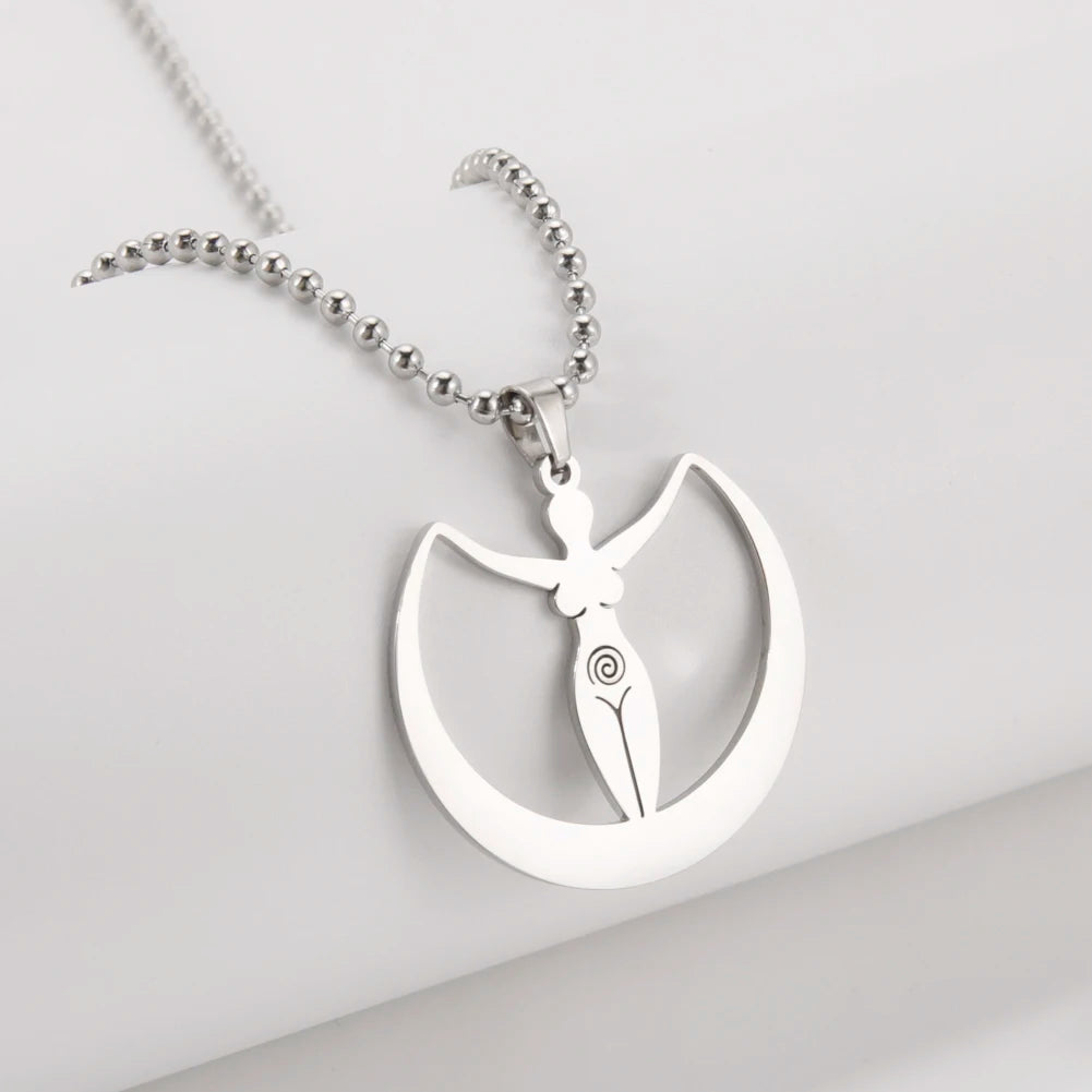 Dawapara Fertility Spiral Moon Goddess Necklace Feminine Energy Crescent Moon Wiccan Magic Amulet Stainless Steel Jewelry