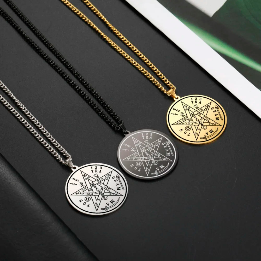 Dawapara Tetragrammaton Pentacle Necklace Magical Pentagram Protection Amulet Ancient Power Name of God Stainless Steel Jewelry