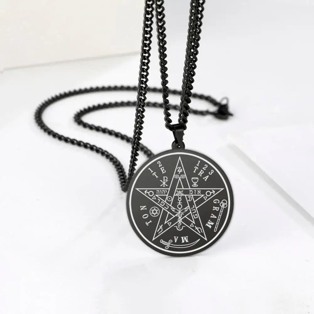 Dawapara Tetragrammaton Pentacle Necklace Magical Pentagram Protection Amulet Ancient Power Name of God Stainless Steel Jewelry