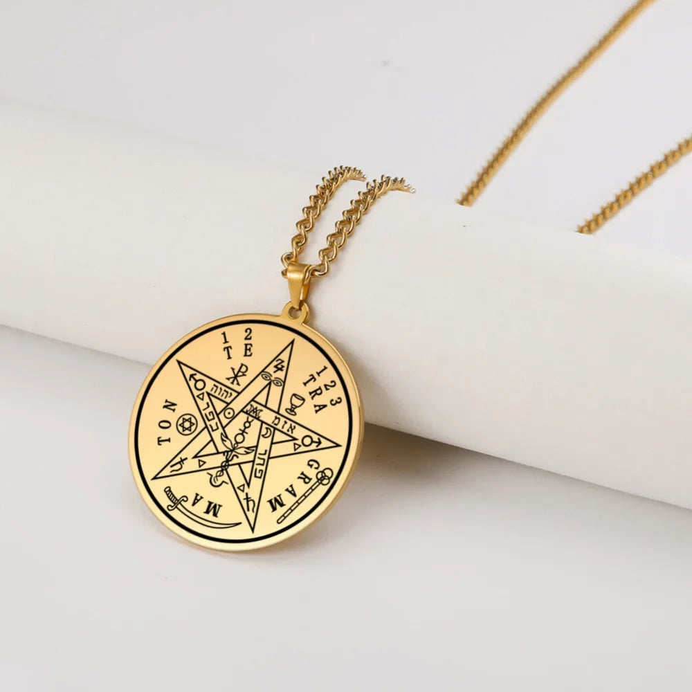 Dawapara Tetragrammaton Pentacle Necklace Magical Pentagram Protection Amulet Ancient Power Name of God Stainless Steel Jewelry