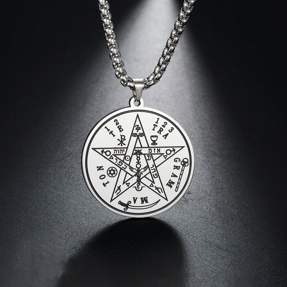 Dawapara Tetragrammaton Pentacle Necklace Magical Pentagram Protection Amulet Ancient Power Name of God Stainless Steel Jewelry