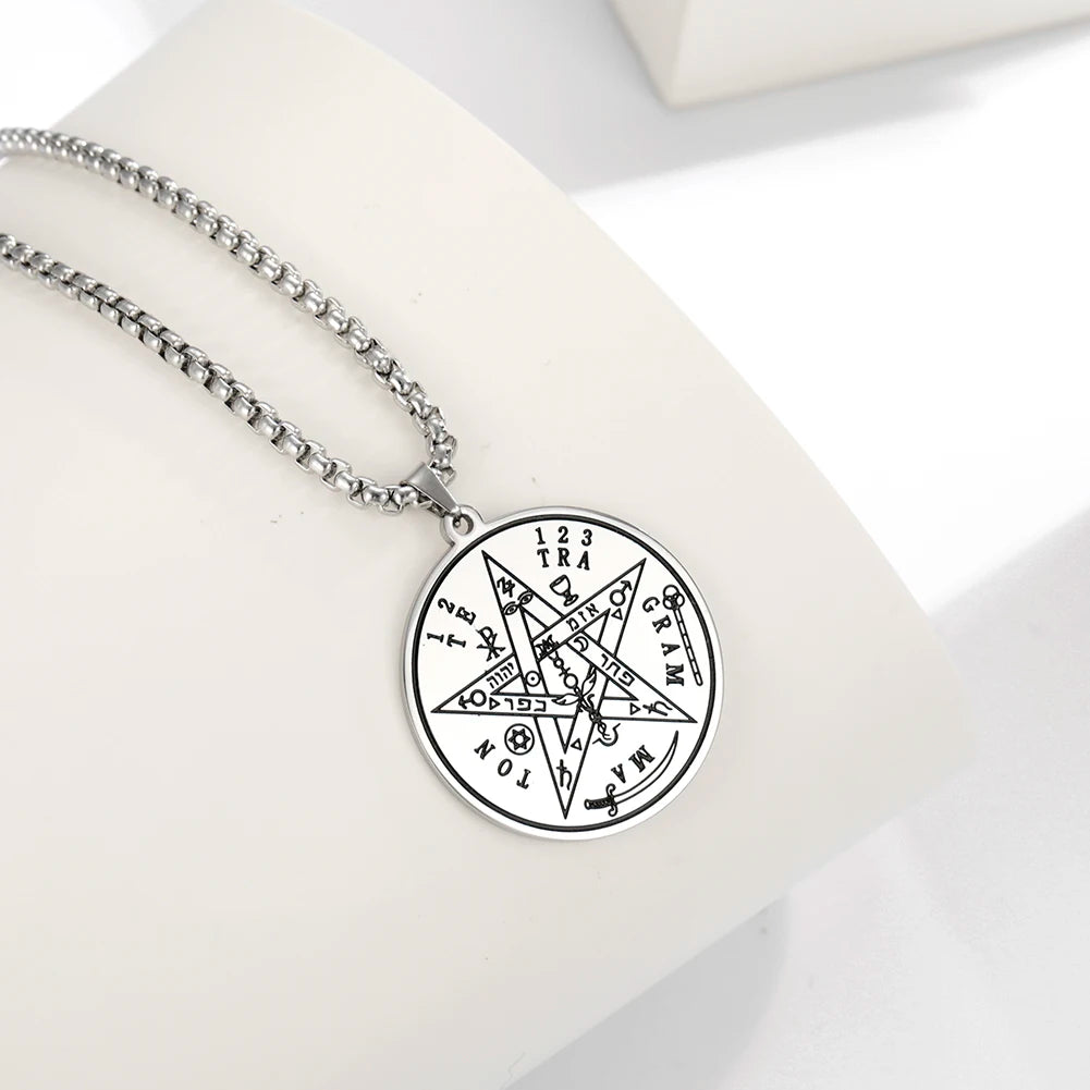 Dawapara Tetragrammaton Pentacle Necklace Magical Pentagram Protection Amulet Ancient Power Name of God Stainless Steel Jewelry