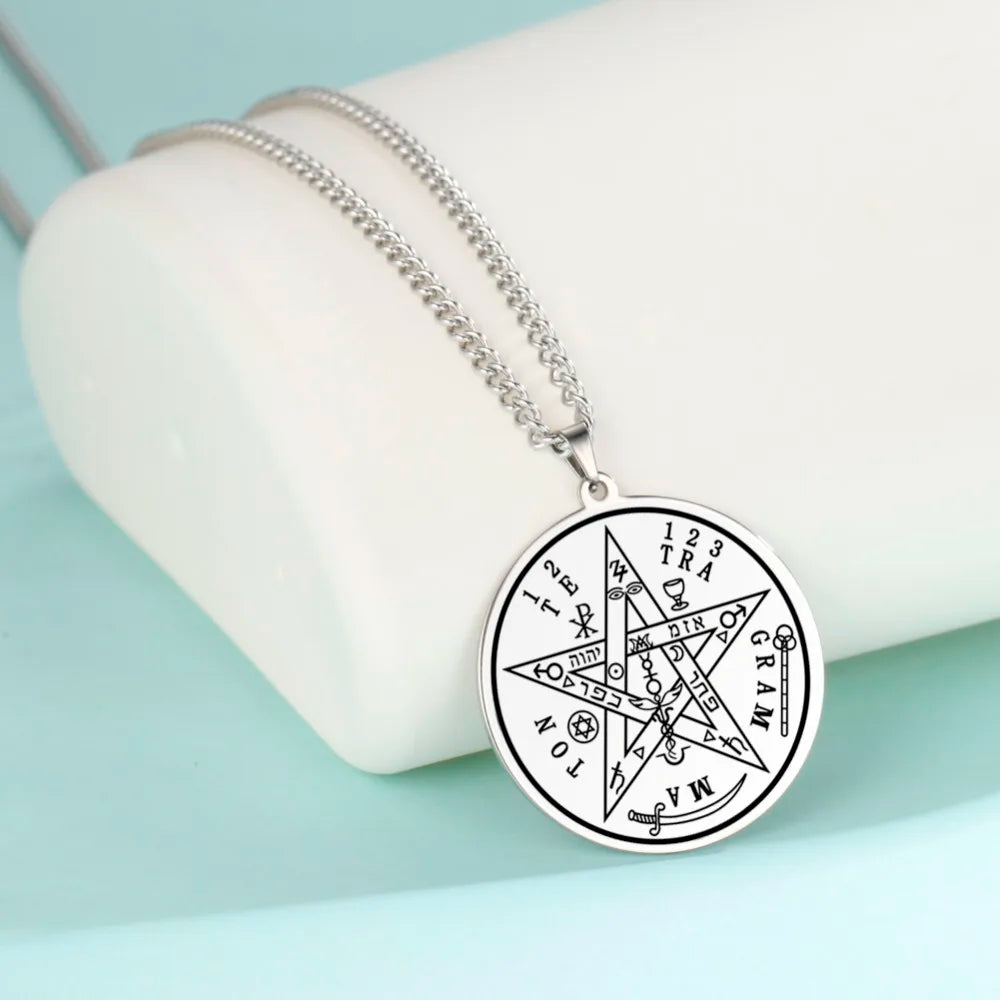 Dawapara Tetragrammaton Pentacle Necklace Magical Pentagram Protection Amulet Ancient Power Name of God Stainless Steel Jewelry