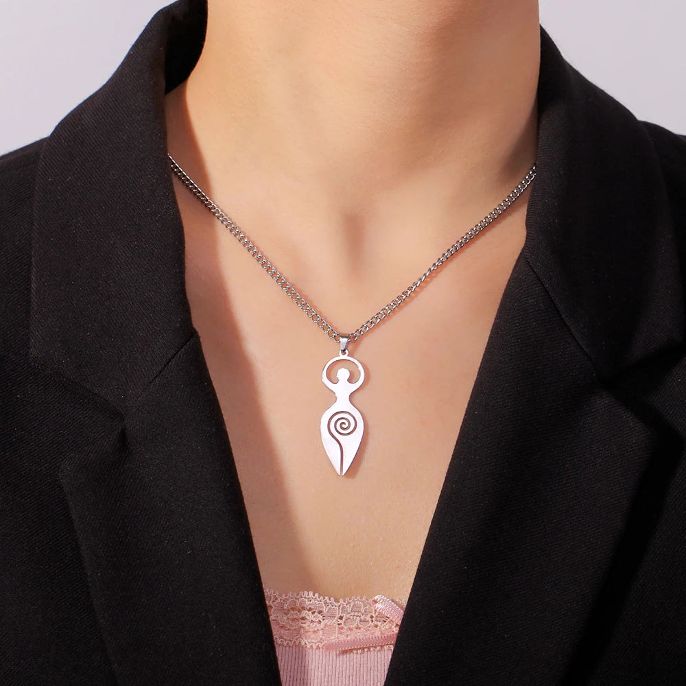 Dawapara Fertility Spiral Moon Goddess Necklace Feminine Energy Crescent Moon Wiccan Magic Amulet Stainless Steel Jewelry