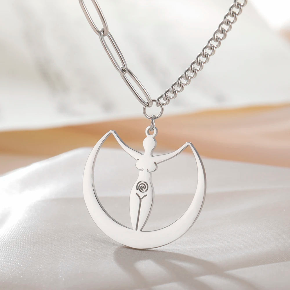 Dawapara Fertility Spiral Moon Goddess Necklace Feminine Energy Crescent Moon Wiccan Magic Amulet Stainless Steel Jewelry