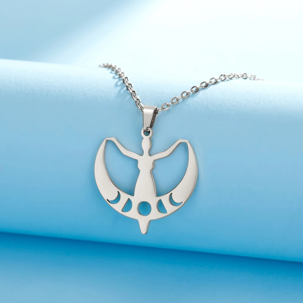 Dawapara Fertility Spiral Moon Goddess Necklace Feminine Energy Crescent Moon Wiccan Magic Amulet Stainless Steel Jewelry