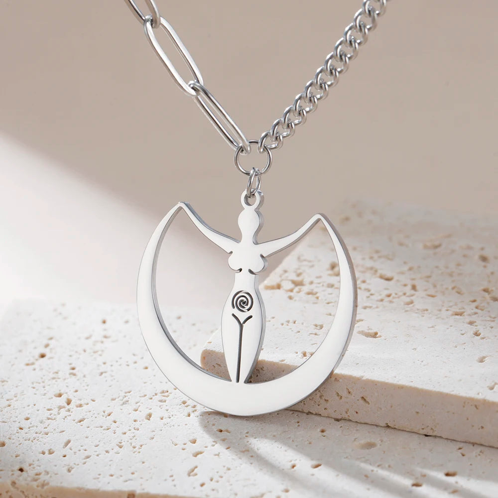 Dawapara Fertility Spiral Moon Goddess Necklace Feminine Energy Crescent Moon Wiccan Magic Amulet Stainless Steel Jewelry